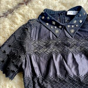 Sandro  Black Lace midi Dress with Embellished Collar